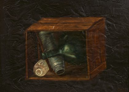 Jacinto Lara Hidalgo (Fernán Núñez, Córdoba, 1953). Bodegón de antaño (Donación al Excmo. Ayuntamiento de Linares en 1976). Óleo sobre tabla, 53x71 cm.