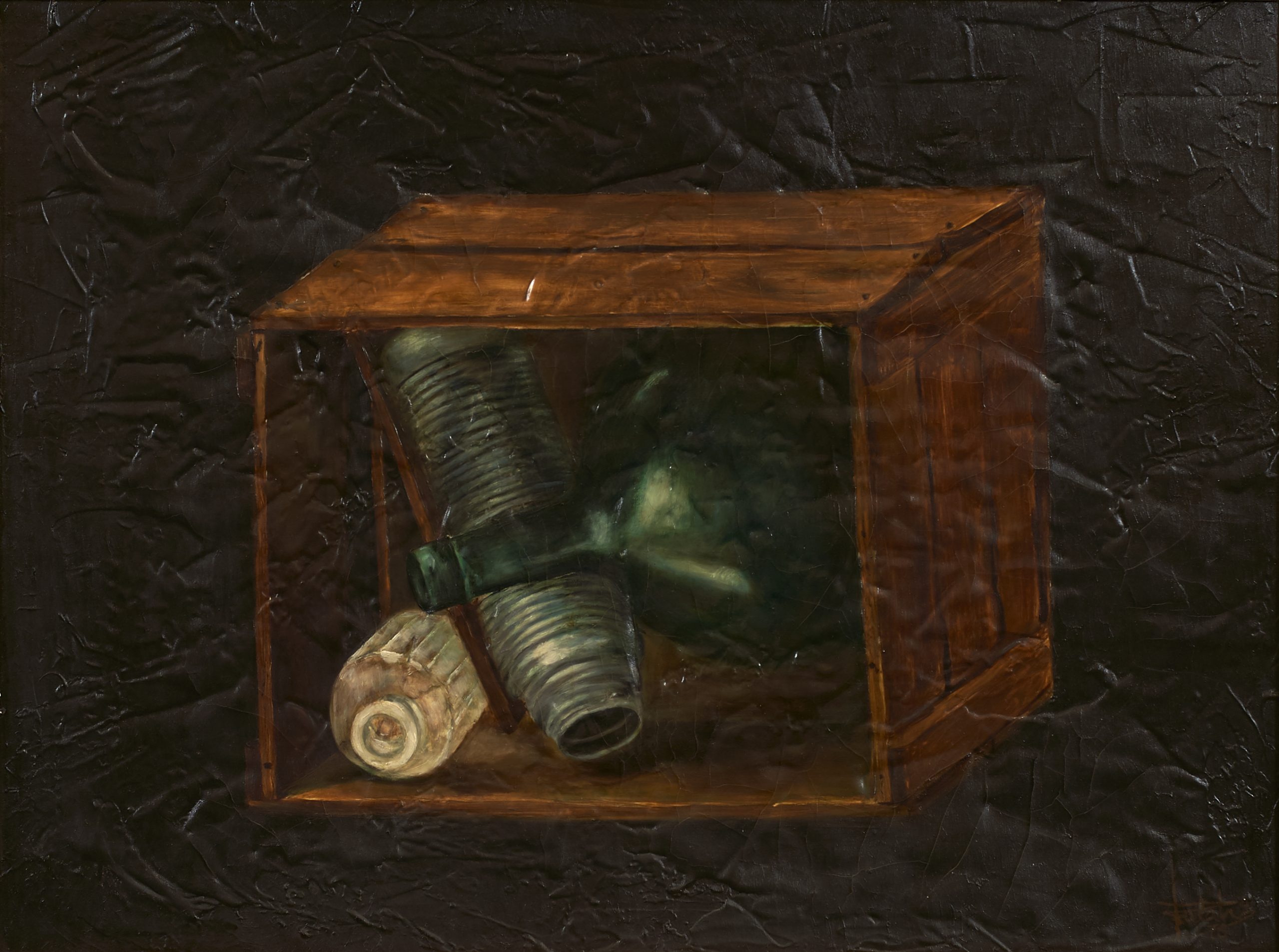 Jacinto Lara Hidalgo (Fernán Núñez, Córdoba, 1953). Bodegón de antaño (Donación al Excmo. Ayuntamiento de Linares en 1976). Óleo sobre tabla, 53x71 cm.