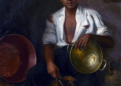 Francisco Baños Martos (Linares, 1928 - Valencia, 2006) Calderero (Adquisición del Excmo. Ayuntamiento de Linares en 1946) Óleo sobre lienzo, 125x105 cm.