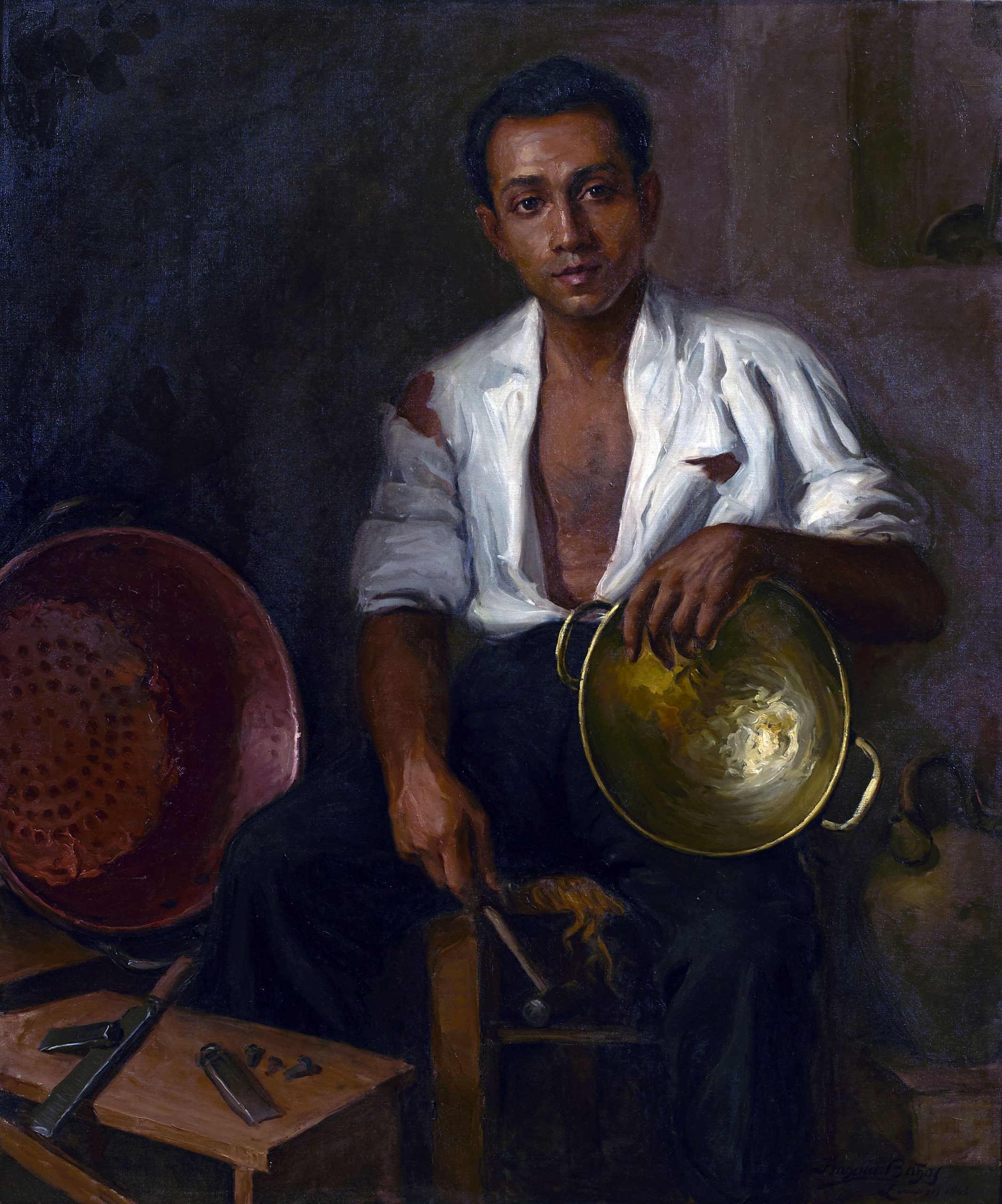 Francisco Baños Martos (Linares, 1928 - Valencia, 2006) Calderero (Adquisición del Excmo. Ayuntamiento de Linares en 1946) Óleo sobre lienzo, 125x105 cm.