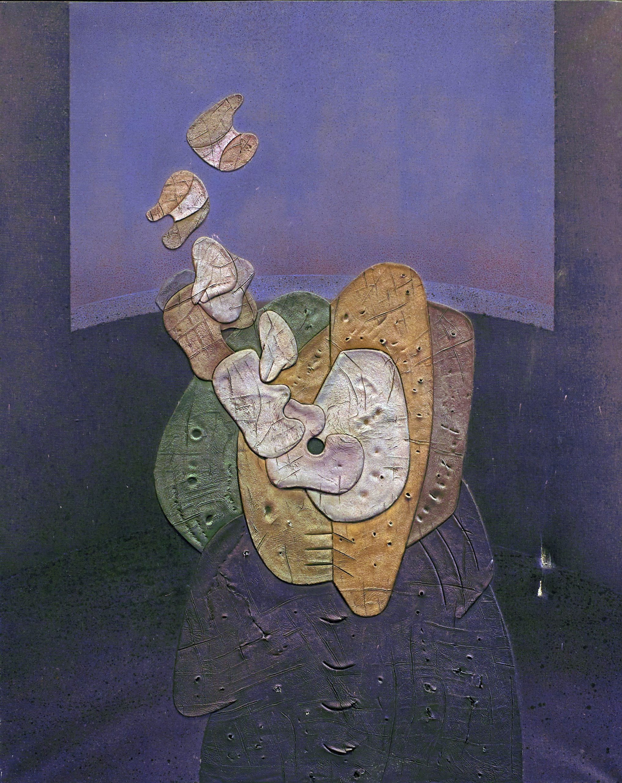 Juan Manuel García Maldonado, “Brazam” (Alhama de Granada, Granada, 1946) Sin Lema II (Primer premio “Ciudad de Linares” de 1979, sección óleos) Técnica mixta (óleo-collage sobre lienzo), 129×104 cm.