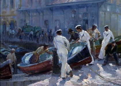 José Ortuño Úbeda (Granada, 1943 - 1999) Marinos (Tercer premio “Mariano de la Paz” de 1977, sección óleos) Óleos sobre lienzo, 65x80 cm.
