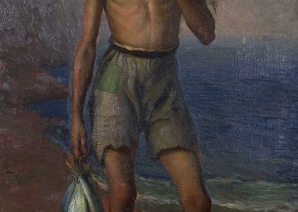 Francisco Baños Martos (Linares, 1928 - Valencia, 2006) Niño pescador (Primer premio de 1949, sección óleos) Óleo sobre lienzo, 130x80 cm.