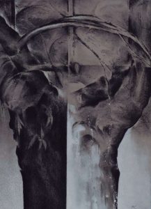 Autor: Manuel Castaño Título: Árbol naranja Dimensiones:  70  x 50 cm Técnica:  dibujo carbón y témpera sobre papel gris