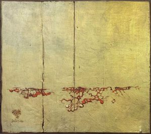 28 Autora: Natividad  Jiménez Título: S/T, 2020 Dimensiones: 45x 45 cm Técnica: madera, óleo y yeso sobre pan de oro