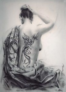 Autor: Manuel Madrigal Título: Fénix, 2020 Dimensiones: 70  x 50 cm Técnica: Mixta,  grafiti y  tinta de tatuaje