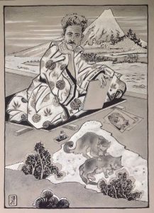 Manuel Pérez Báñez “Eduartista” por vocación ‘Retrato imaginario de Miguel Pérez Aguilera al modo Hokusai dibujando unos gatos que juegan sobre la nieve’ Tinta, grafito y gouache sobre papel gris Sevilla, Diciembre de 2019