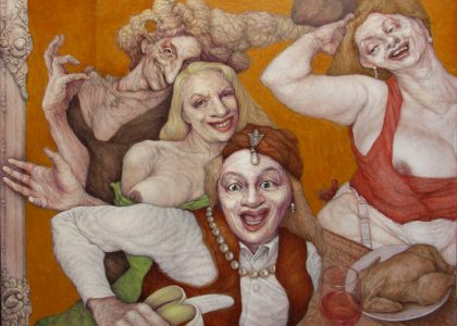 PARLAMENTARIOS VISTEN SUS MEJORES GALAS PARA DISPUTARSE UN POLLO Y EL RELOJ. óleo sobre lienzo, 65x81 cms