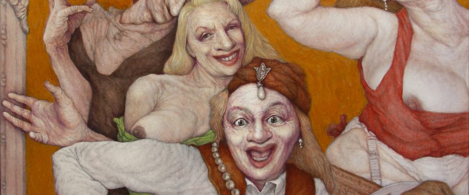 PARLAMENTARIOS VISTEN SUS MEJORES GALAS PARA DISPUTARSE UN POLLO Y EL RELOJ. óleo sobre lienzo, 65x81 cms