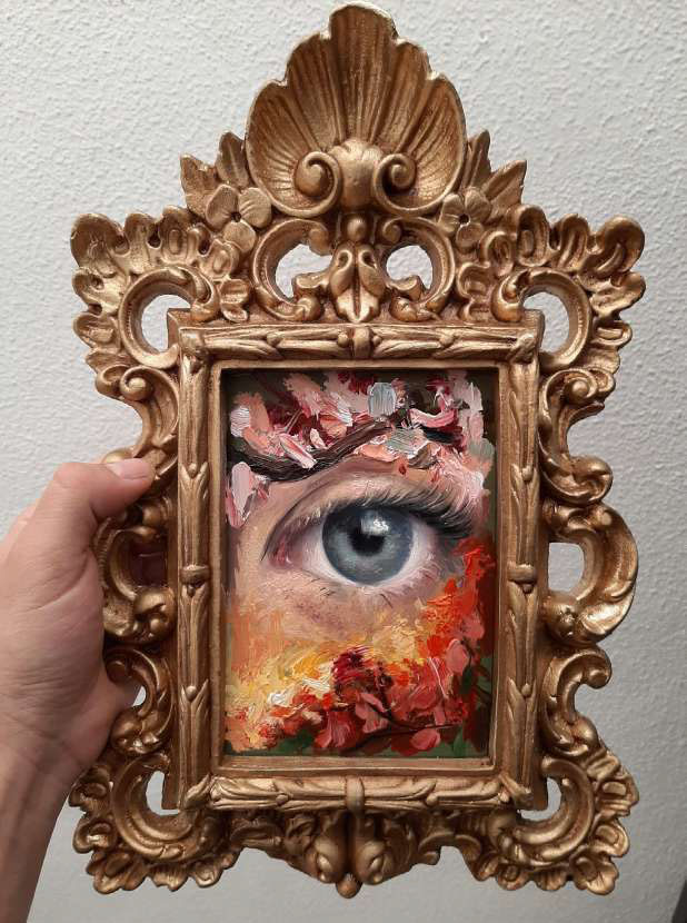 “Oculta entre las flores II” Óleo sobre tela encolada a tabla 35 x 23 cm