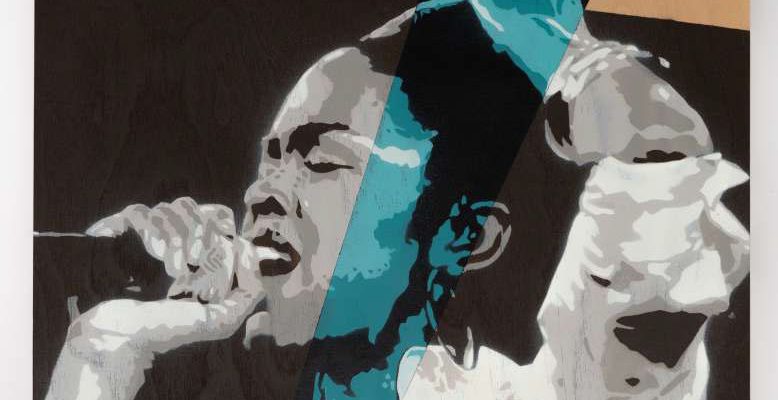 Repercissions - Laurin Hill. Stencil y spray sobre madera 40 x 40 cm