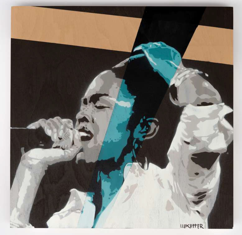Repercissions - Laurin Hill. Stencil y spray sobre madera 40 x 40 cm