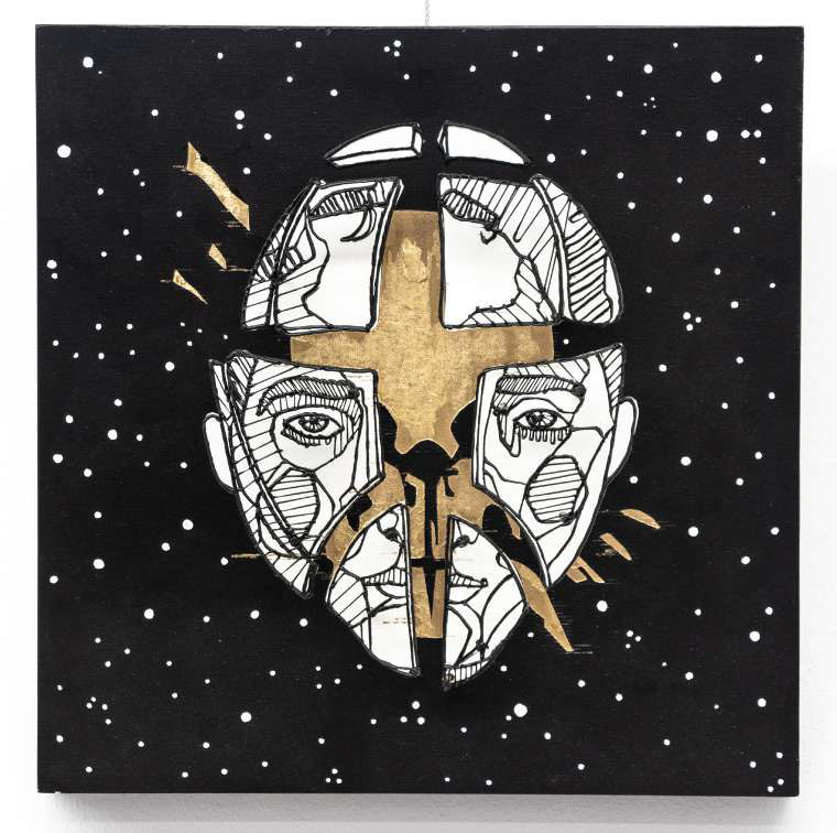 “Universe Boom” Lápiz de impresión 3D y spray sobre madera 25 x 25 cm